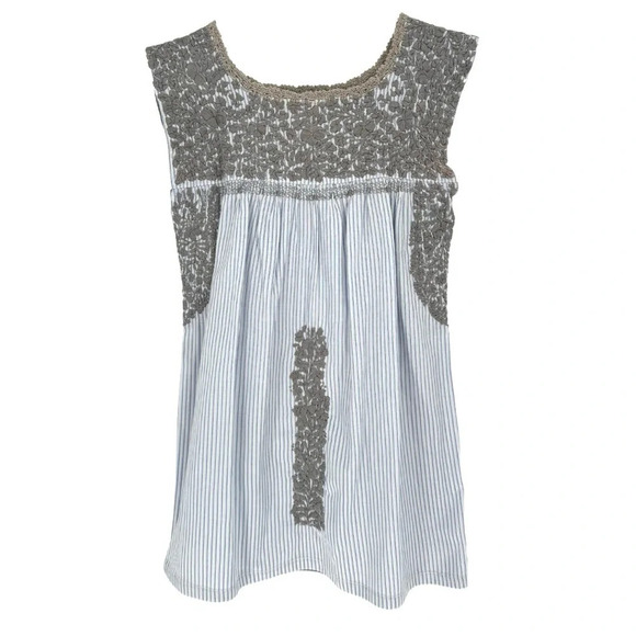 Mi Golondrina Sleeveless Embroidered Blouse in Blue White Stripe and Gray XS - Picture 1 of 5